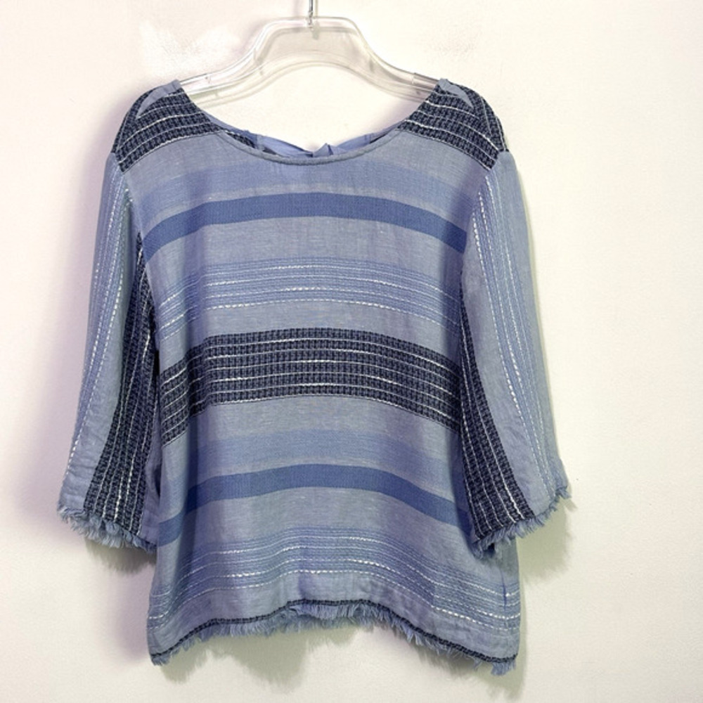 Anthropologie Cloth & Stone Top S‎ Linen Blend Tie Back Blue Stripe Frayed Hem